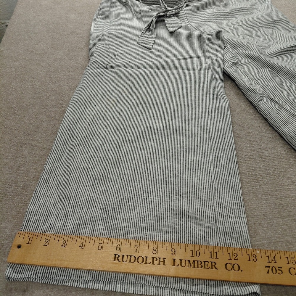 Max Studio Wide Leg Crop Pants Sz MEDIUM Linen Blend Black Vertical Striped Belt - Picture 7 of 11